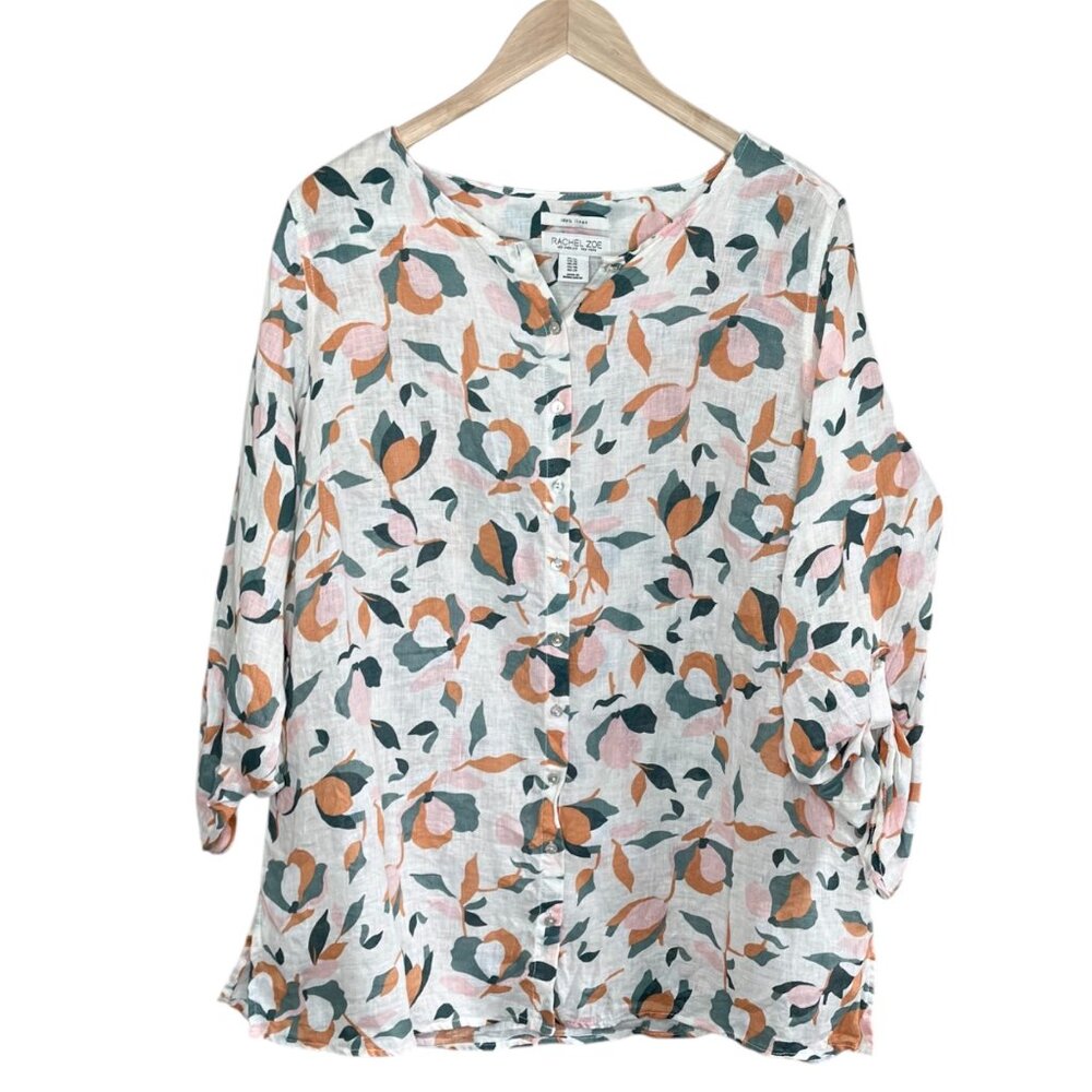Rachel Zoe Womens Floral Print Linen Button Down Tunic Blouse Size 1X